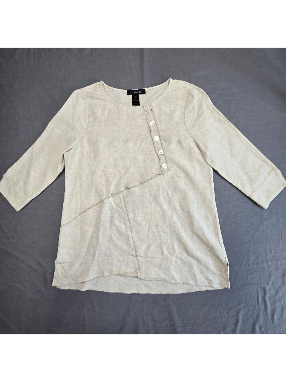 Ali Miles Small Linen Blend Beige Minimalist Lagenlook Asymmetrical Tunic Top